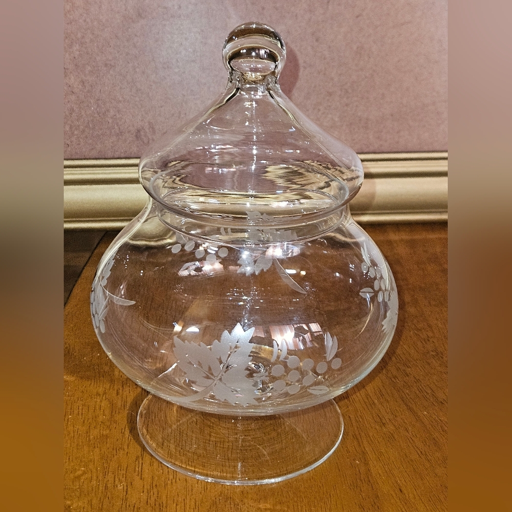 Etched Crystal Apothecary Lidded Jar Grape & Leaf Design Made in Turkey